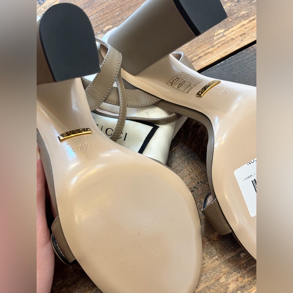 GUCCI Greige GG Marmont Stack Heel Sandal - Picture 11 of 14